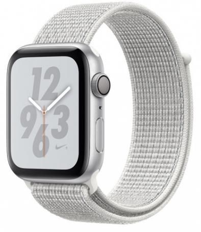 Apple Watch Series 4 44 мм, серебристый алюминий, тканевый браслет цвета «белая ракушка»
