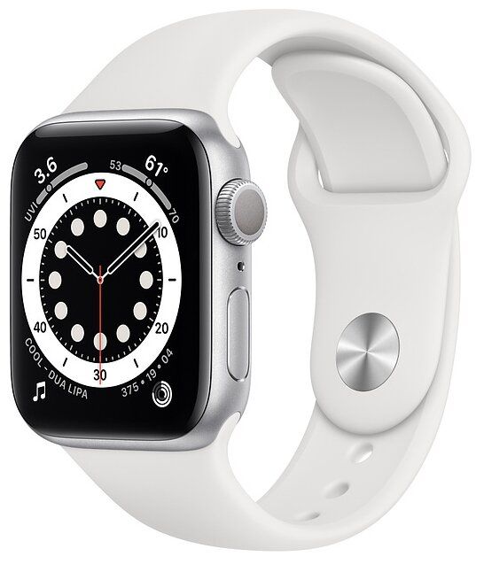 Apple Watch Series 6 40 мм, корпус из алюминия серебристого цвета, спортивный ремешок белого цвета