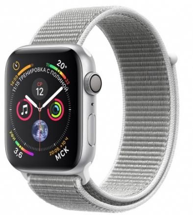 Apple Watch Series 4 40 мм, серебристый алюминий, тканевый браслет цвета «белая ракушка»