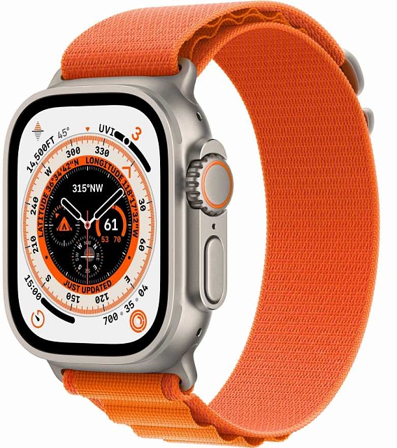 Apple Watch Ultra 49 мм, корпус из титана, ремешок Alpine (S) оранжевого цвета