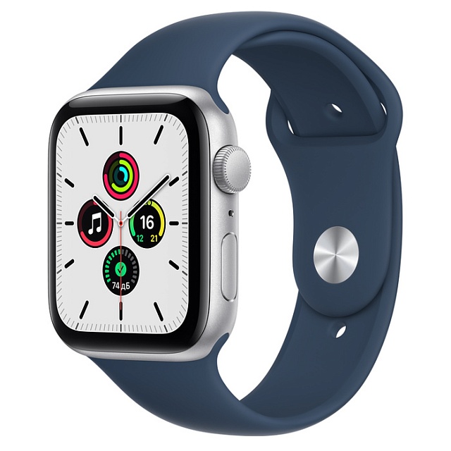 Apple Watch SE, 44 мм, корпус из алюминия серебристого цвета, спортивный ремешок цвета «Синий омут»