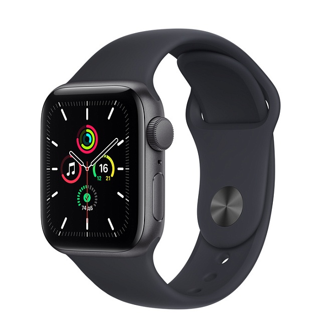 Apple Watch SE, 40 мм, корпус из алюминия цвета «серый космос», спортивный ремешок цвета «темная ноч