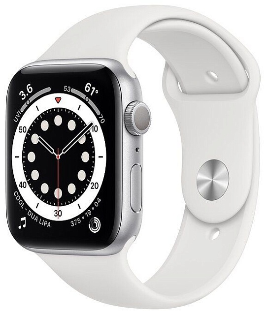 Apple Watch Series 6 44 мм, корпус из алюминия серебристого цвета, спортивный ремешок белого цвета