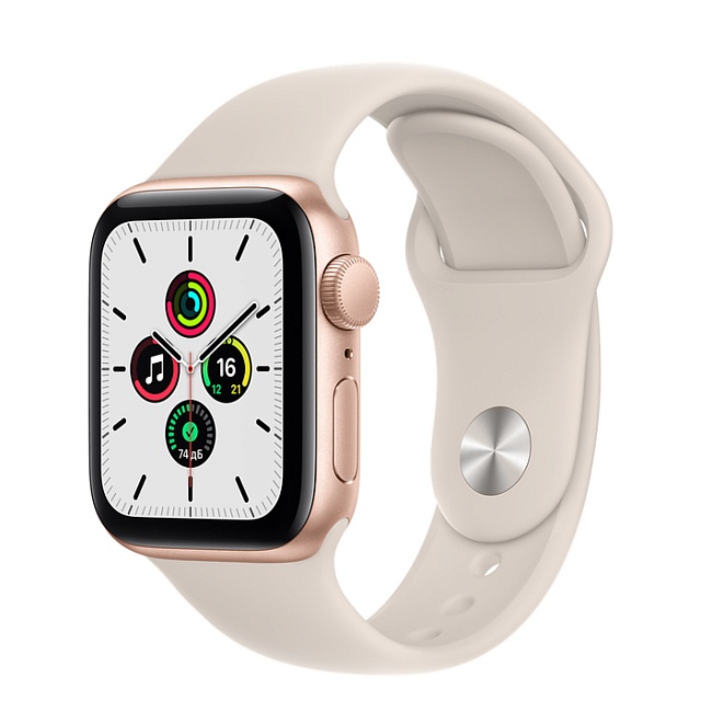 Apple Watch SE, 40 мм, корпус из алюминия золотого цвета, спортивный ремешок цвета «Сияющая звезда»