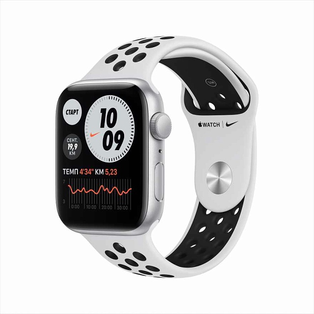 Apple Watch Nike SE, 44 мм, корпус из алюминия серебристого цвета, спортивный ремешок Nike цвета «чи
