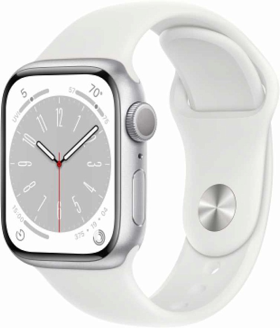 Apple Watch Series 8 41 мм Серебристый, спортивный ремешок белого цвета