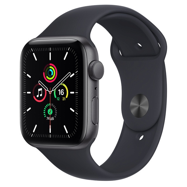 Apple Watch SE, 44 мм, корпус из алюминия цвета «серый космос», спортивный ремешок цвета «темная ноч