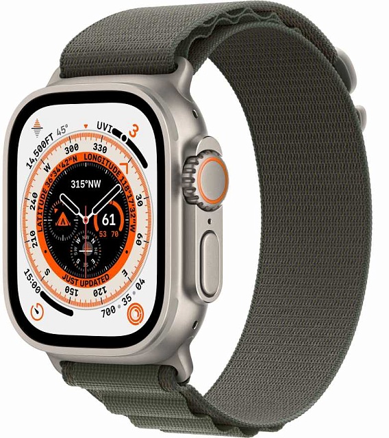 Apple Watch Ultra 49 мм, корпус из титана, ремешок Alpine (S) зеленого цвета