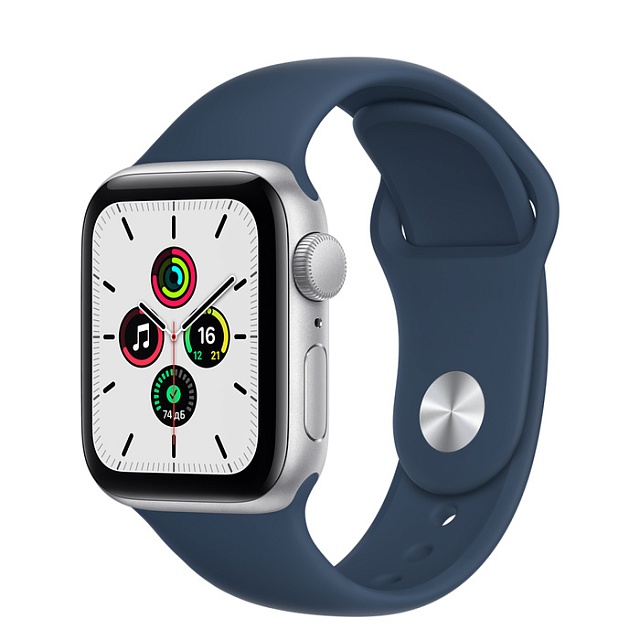 Apple Watch SE, 40 мм, корпус из алюминия серебристого цвета, спортивный ремешок цвета «Синий омут»