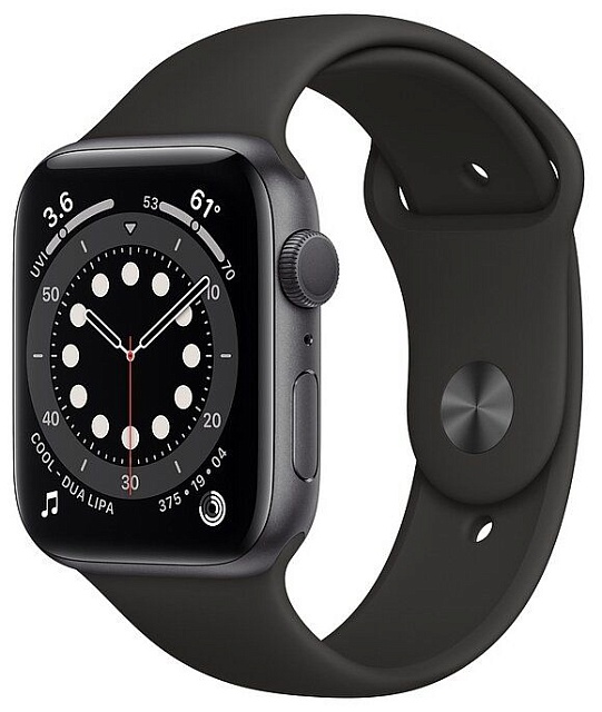 Apple Watch Series 6 44 мм алюминий цвета «серый космос», спортивный ремешок черного цвета